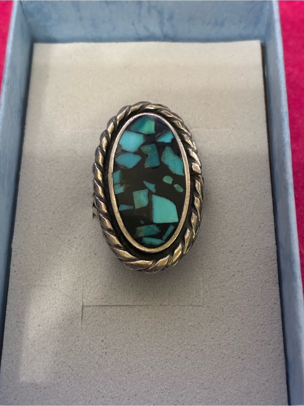 Sterling Silver Turquoise Inlay Oval Ring - Blue Green size 7